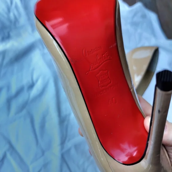Christian Louboutin Nude Tan Patent Leather Stiletto Pump Heels Pointy Toe - Picture 4 of 14